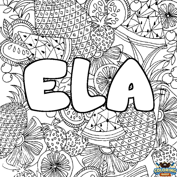 Coloring page first name ELA - Fruits mandala background