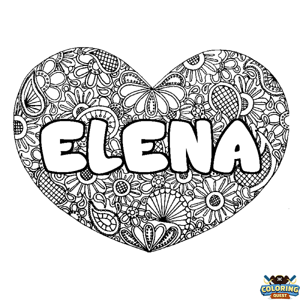 Coloring page first name ELENA - Heart mandala background