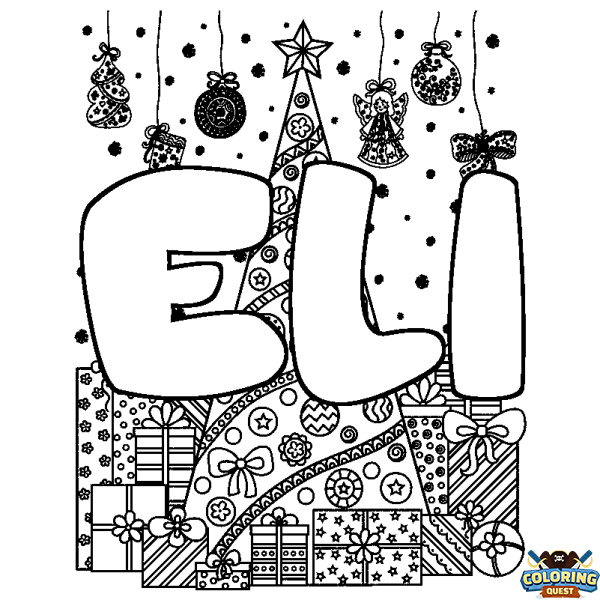 Coloring page first name ELI - Christmas tree and presents background