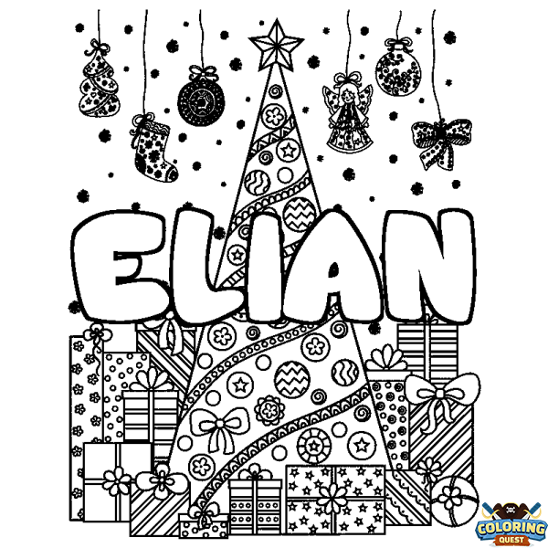 Coloring page first name ELIAN - Christmas tree and presents background