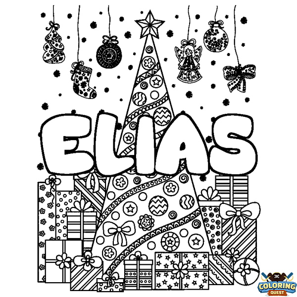 Coloring page first name ELIAS - Christmas tree and presents background