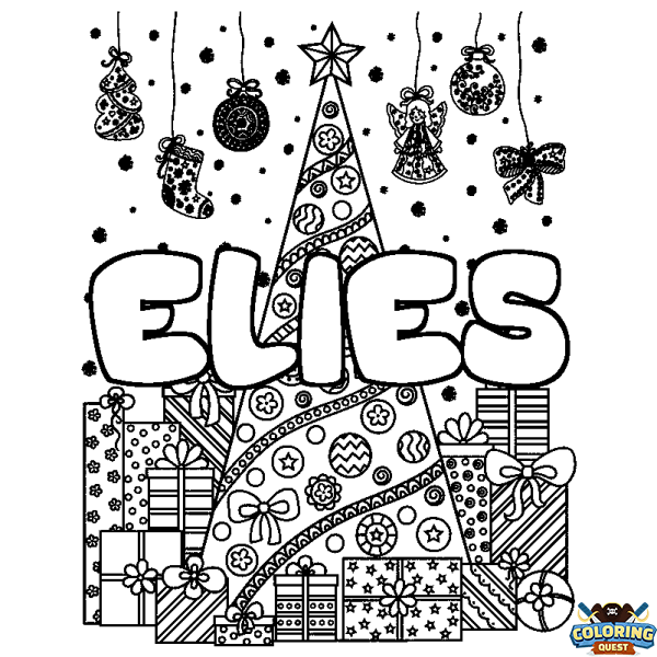 Coloring page first name ELIES - Christmas tree and presents background