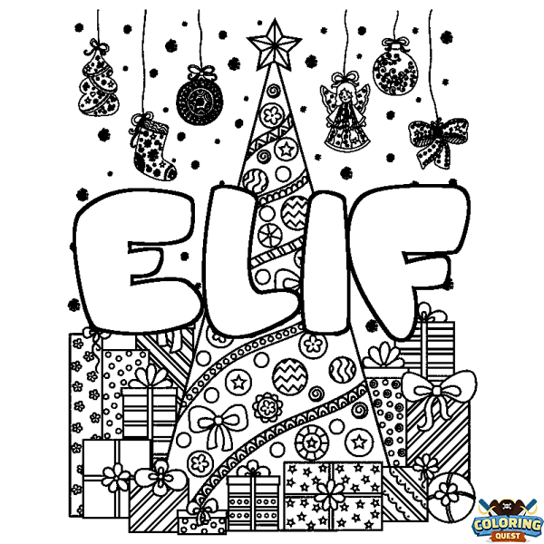 Coloring page first name ELIF - Christmas tree and presents background
