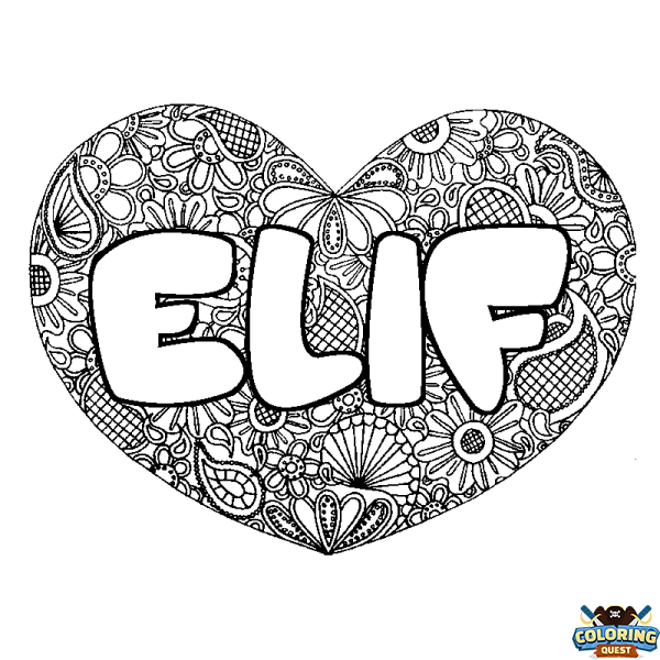 Coloring page first name ELIF - Heart mandala background
