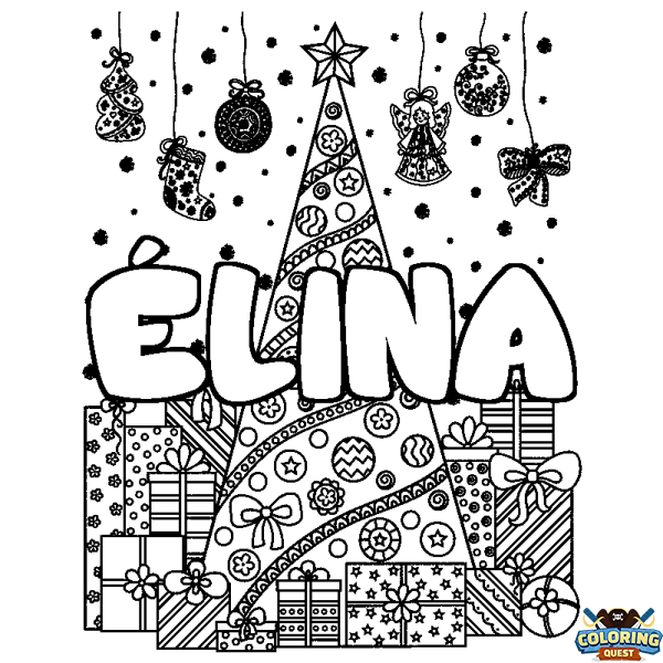 Coloring page first name &Eacute;LINA - Christmas tree and presents background