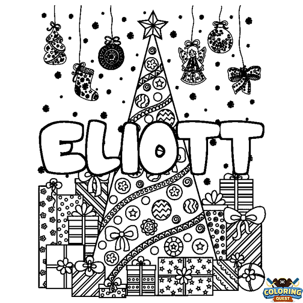 Coloring page first name ELIOTT - Christmas tree and presents background