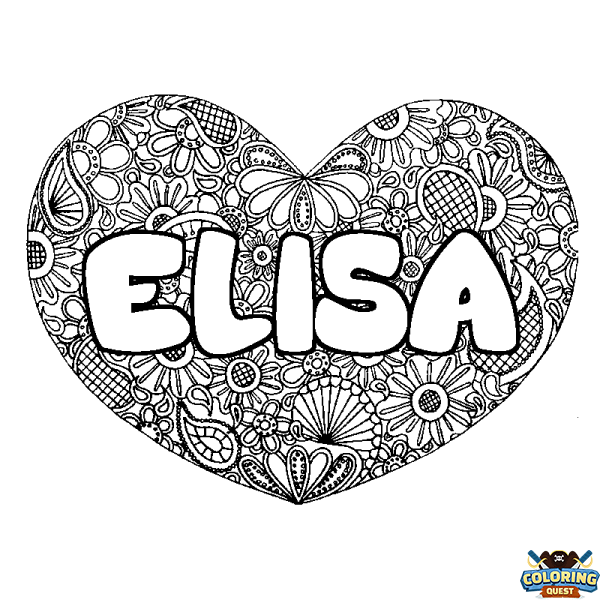 Coloring page first name ELISA - Heart mandala background