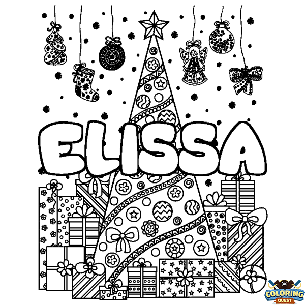 Coloring page first name ELISSA - Christmas tree and presents background