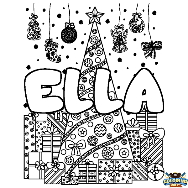 Coloring page first name ELLA - Christmas tree and presents background