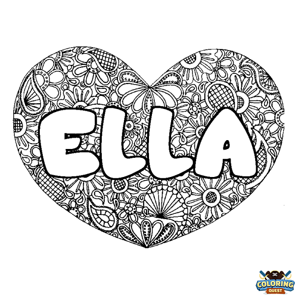 Coloring page first name ELLA - Heart mandala background