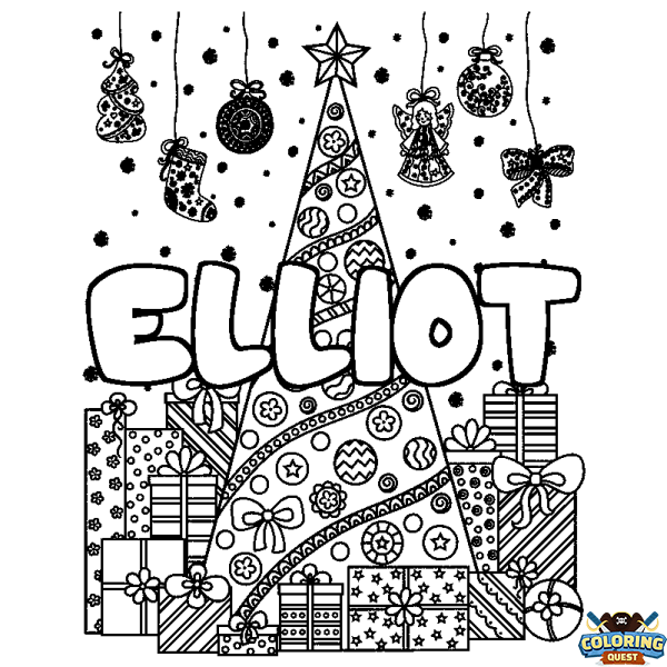 Coloring page first name ELLIOT - Christmas tree and presents background