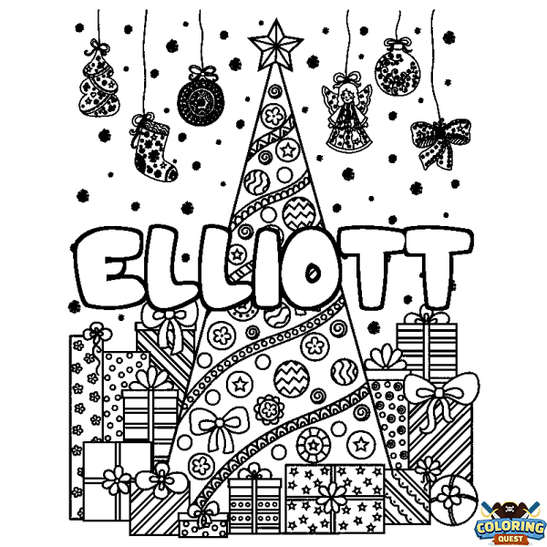 Coloring page first name ELLIOTT - Christmas tree and presents background