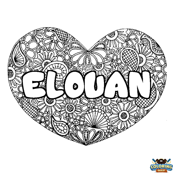 Coloring page first name ELOUAN - Heart mandala background