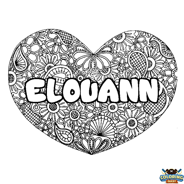 Coloring page first name ELOUANN - Heart mandala background