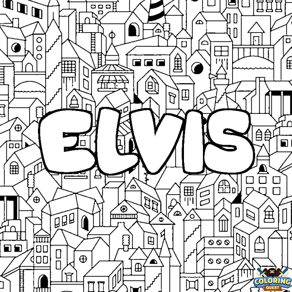 Coloring page first name ELVIS - City background