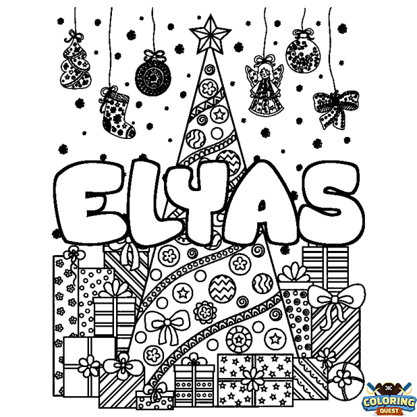 Coloring page first name ELYAS - Christmas tree and presents background