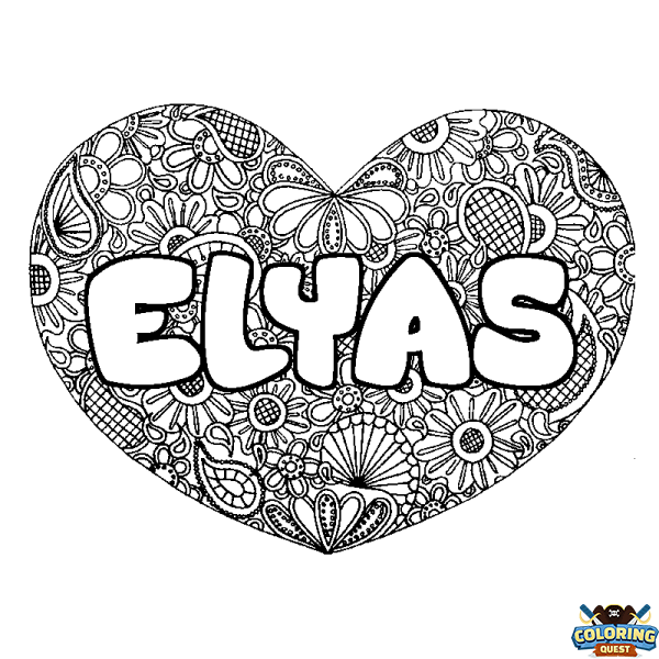 Coloring page first name ELYAS - Heart mandala background