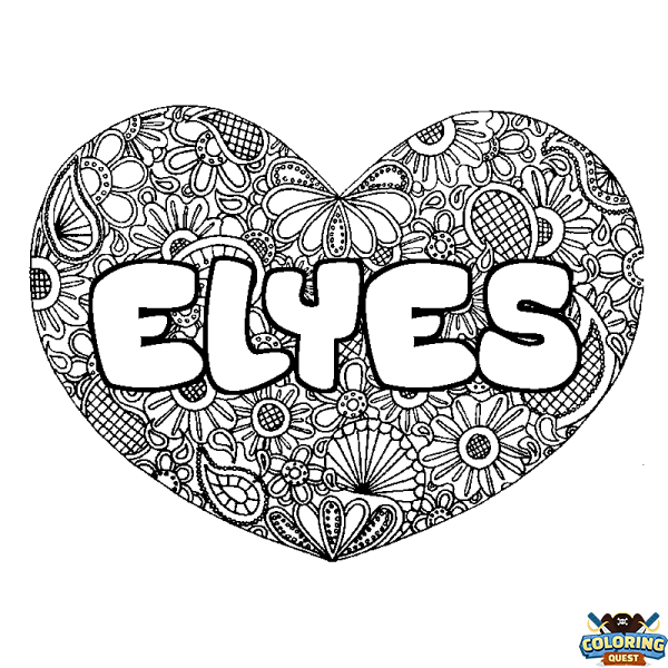 Coloring page first name ELYES - Heart mandala background