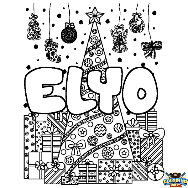Coloring page first name ELYO - Christmas tree and presents background