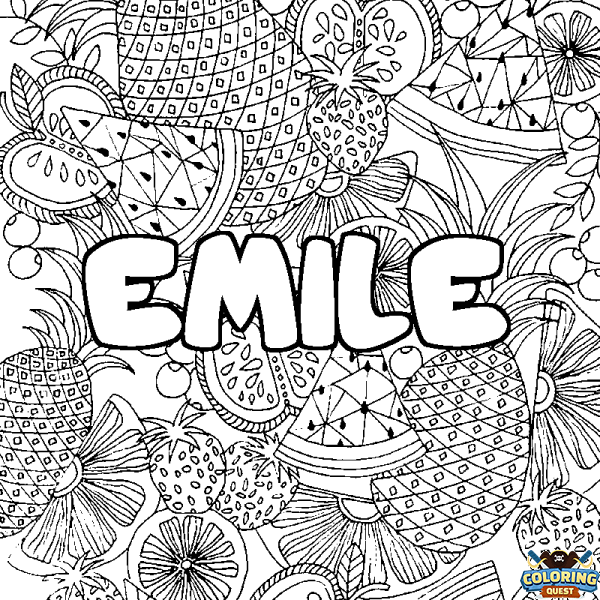 Coloring page first name EMILE - Fruits mandala background