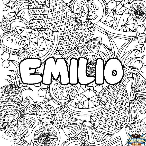 Coloring page first name EMILIO - Fruits mandala background