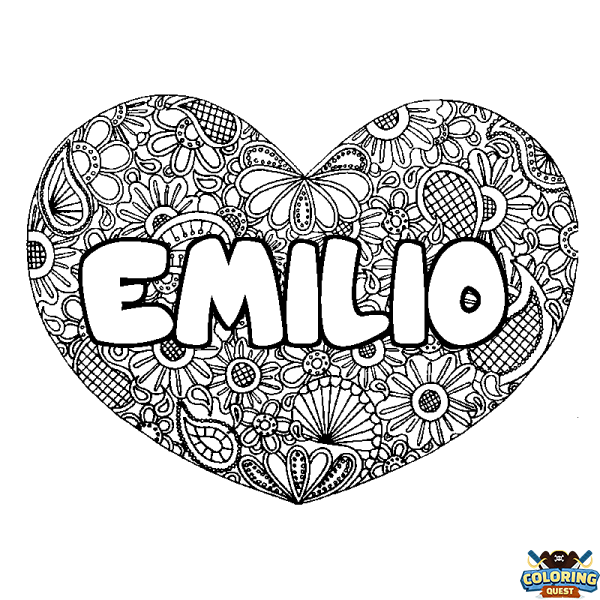 Coloring page first name EMILIO - Heart mandala background