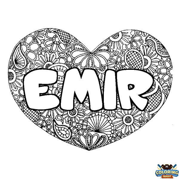 Coloring page first name EMIR - Heart mandala background