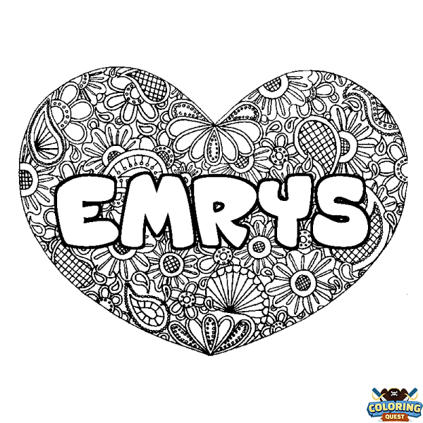 Coloring page first name EMRYS - Heart mandala background