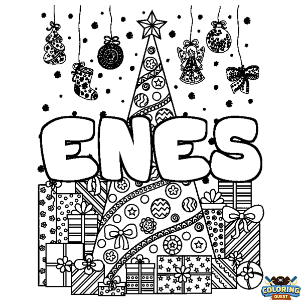 Coloring page first name ENES - Christmas tree and presents background
