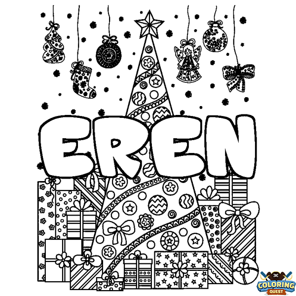Coloring page first name EREN - Christmas tree and presents background