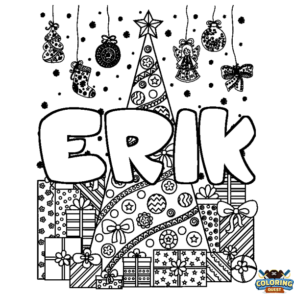 Coloring page first name ERIK - Christmas tree and presents background