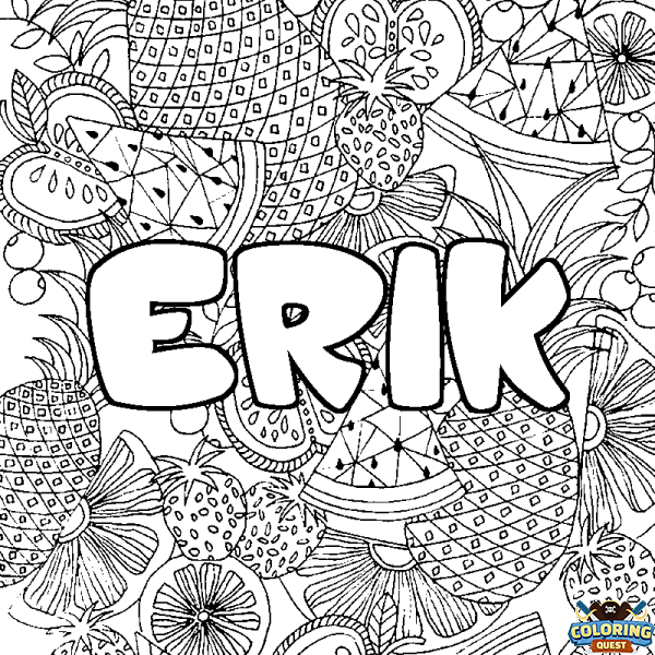 Coloring page first name ERIK - Fruits mandala background