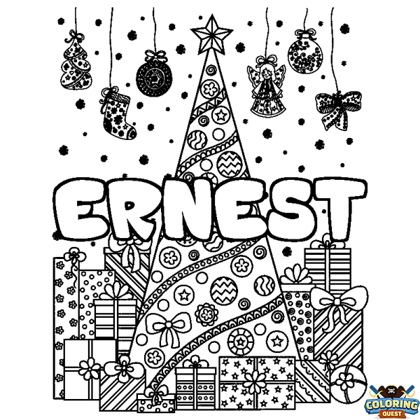 Coloring page first name ERNEST - Christmas tree and presents background