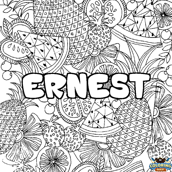 Coloring page first name ERNEST - Fruits mandala background