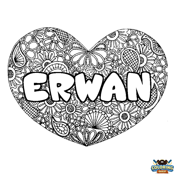 Coloring page first name ERWAN - Heart mandala background