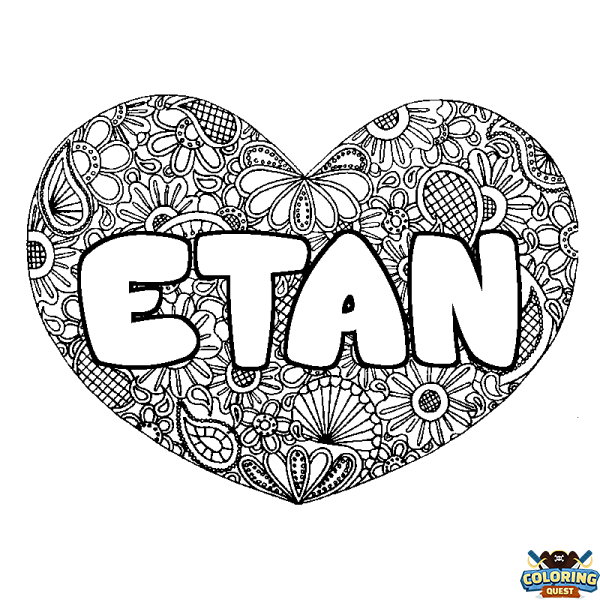 Coloring page first name ETAN - Heart mandala background
