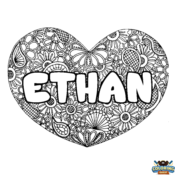 Coloring page first name ETHAN - Heart mandala background