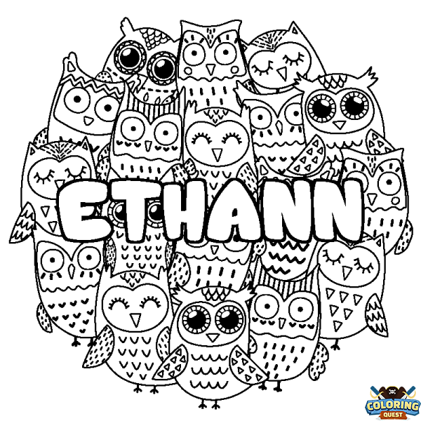 Coloring page first name ETHANN - Owls background