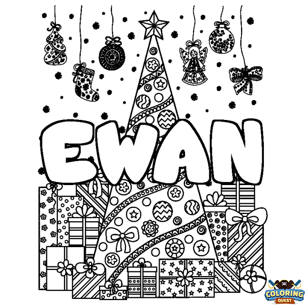 Coloring page first name EWAN - Christmas tree and presents background