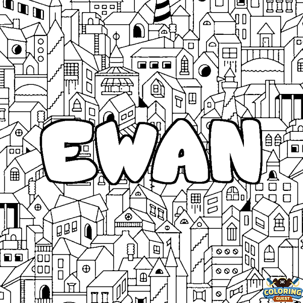 Coloring page first name EWAN - City background