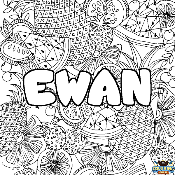 Coloring page first name EWAN - Fruits mandala background