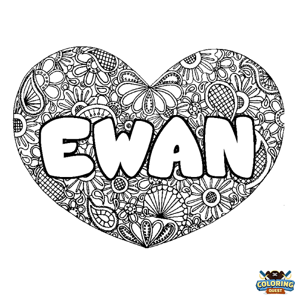 Coloring page first name EWAN - Heart mandala background
