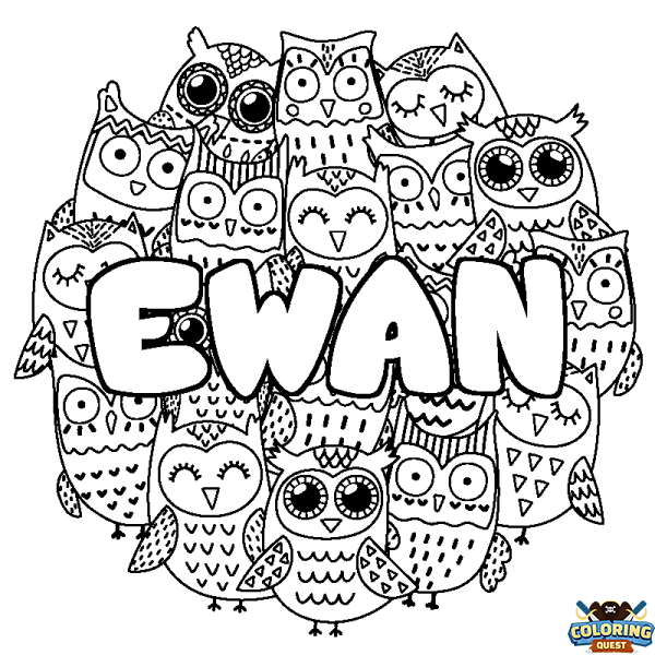 Coloring page first name EWAN - Owls background
