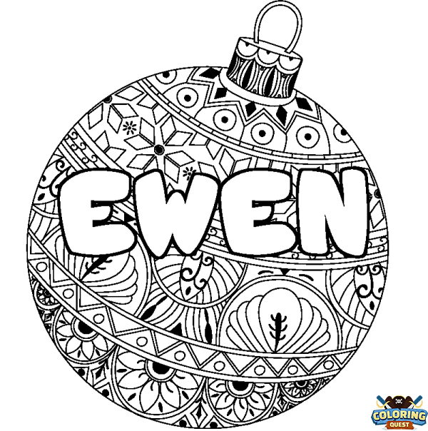 Coloring page first name EWEN - Christmas tree bulb background