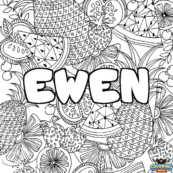 Coloring page first name EWEN - Fruits mandala background