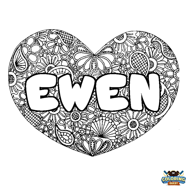 Coloring page first name EWEN - Heart mandala background