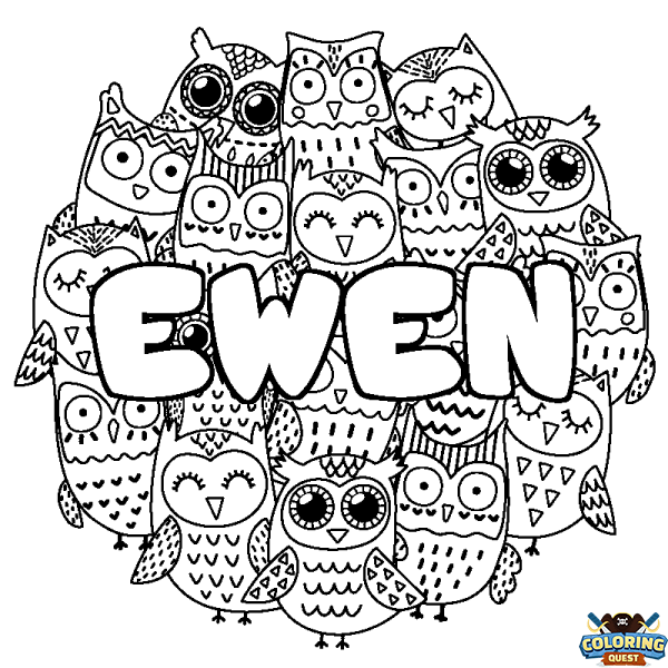 Coloring page first name EWEN - Owls background