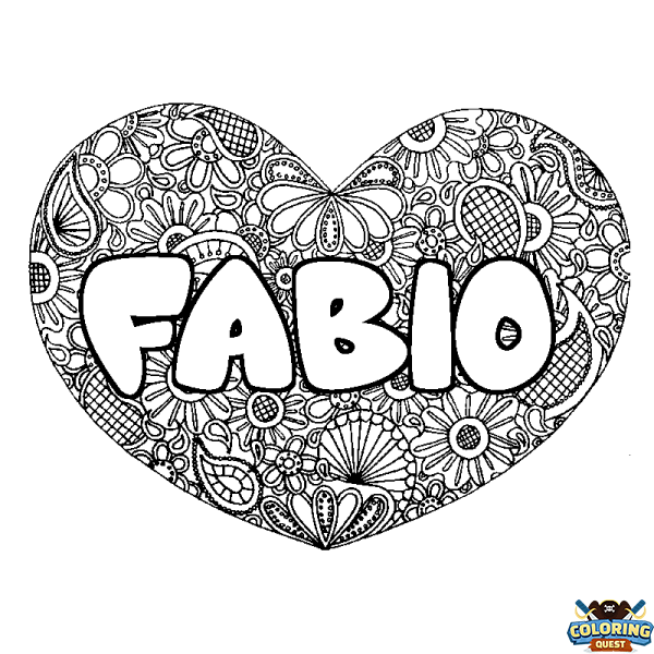 Coloring page first name FABIO - Heart mandala background