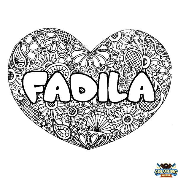 Coloring page first name FADILA - Heart mandala background
