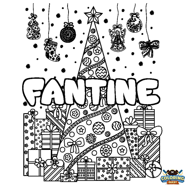 Coloring page first name FANTINE - Christmas tree and presents background